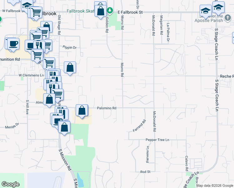 map of restaurants, bars, coffee shops, grocery stores, and more near 820 Cookie Lane in Fallbrook
