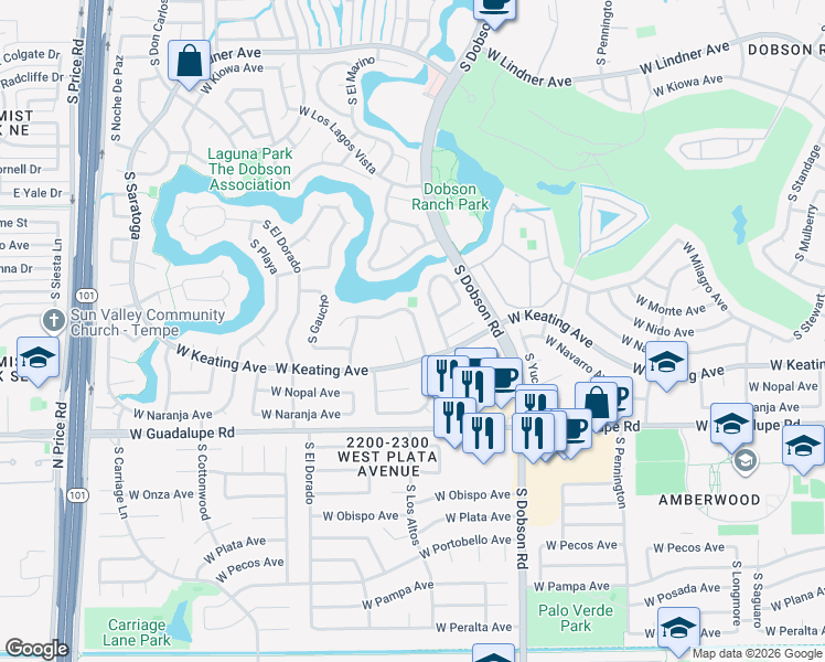 map of restaurants, bars, coffee shops, grocery stores, and more near 2611 South Los Altos in Mesa