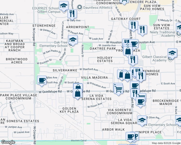 map of restaurants, bars, coffee shops, grocery stores, and more near 303 West Stanford Avenue in Gilbert