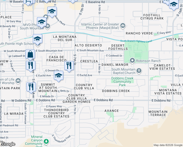 map of restaurants, bars, coffee shops, grocery stores, and more near 807 East Desert Drive South in Phoenix