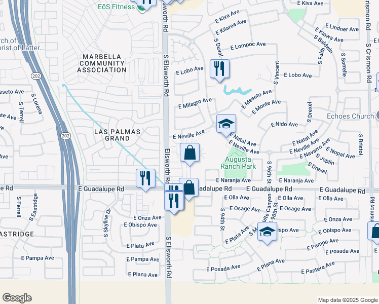 map of restaurants, bars, coffee shops, grocery stores, and more near 9233 East Neville Avenue in Mesa