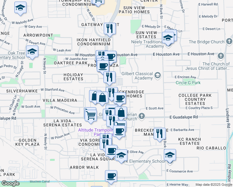 map of restaurants, bars, coffee shops, grocery stores, and more near 979 North Gilbert Road in Gilbert