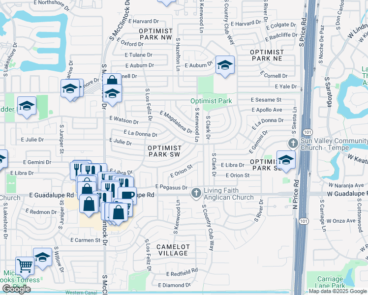 map of restaurants, bars, coffee shops, grocery stores, and more near 1924 East Gemini Drive in Tempe