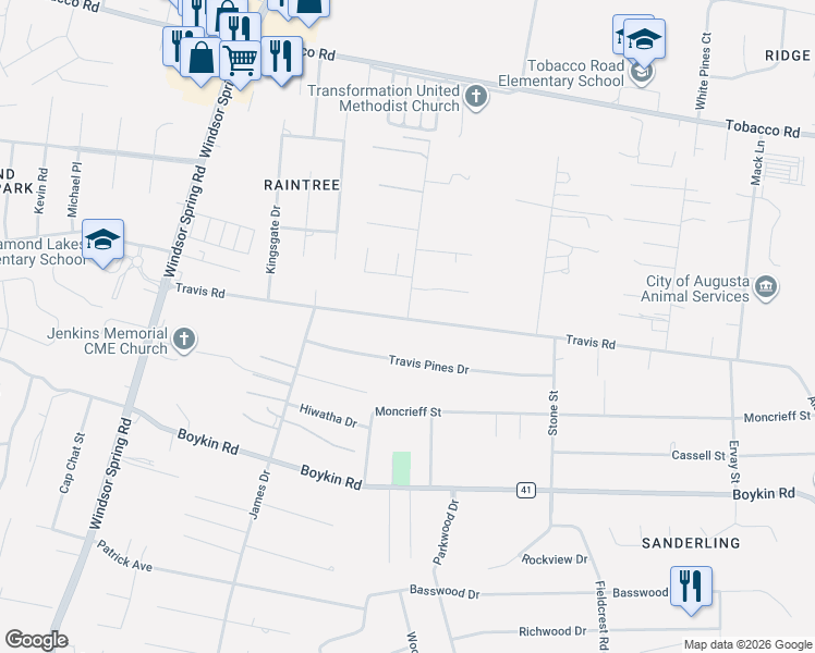 map of restaurants, bars, coffee shops, grocery stores, and more near 2350 Travis Road in Augusta