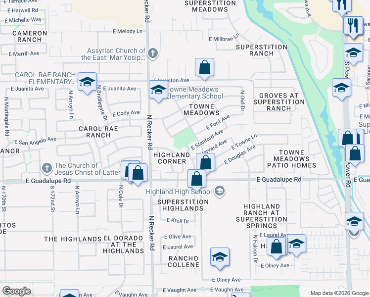 map of restaurants, bars, coffee shops, grocery stores, and more near 4120 East Stanford Avenue in Gilbert