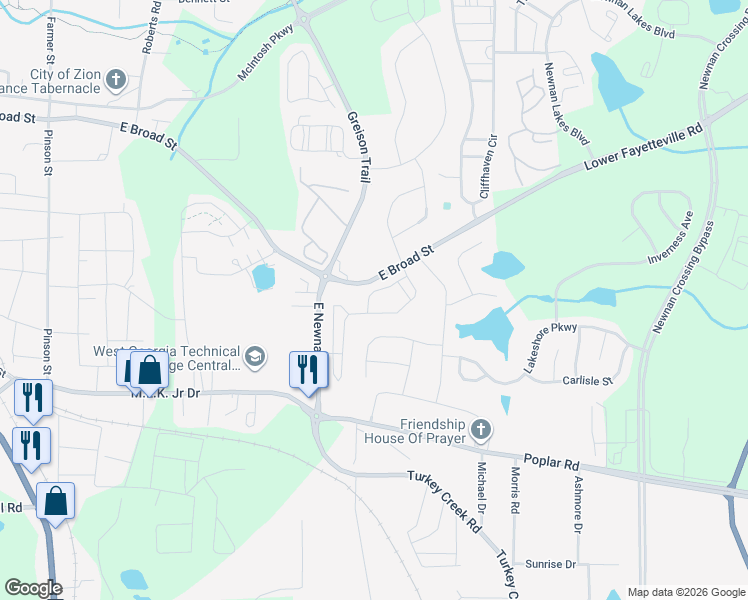 map of restaurants, bars, coffee shops, grocery stores, and more near 15 Rockcress Court in Newnan