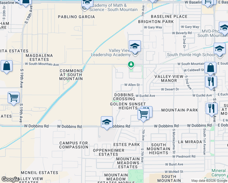 map of restaurants, bars, coffee shops, grocery stores, and more near 8620 South 10th Lane in Phoenix