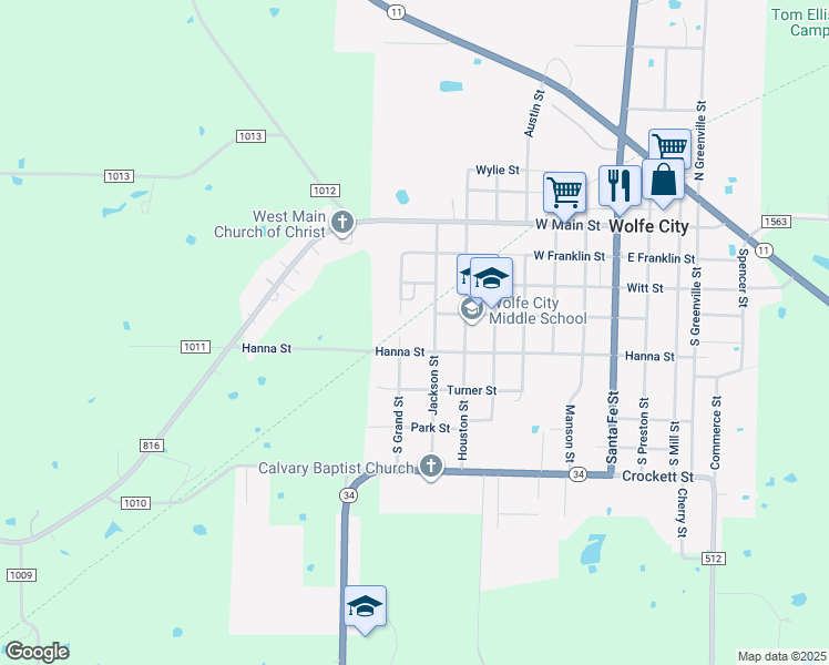 map of restaurants, bars, coffee shops, grocery stores, and more near 746 Hanna Street in Wolfe City