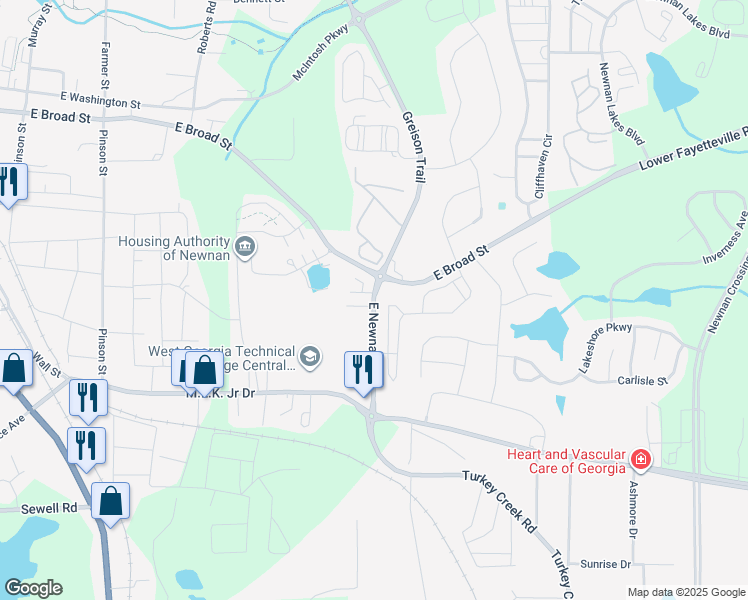 map of restaurants, bars, coffee shops, grocery stores, and more near 30 East Newnan Road in Newnan