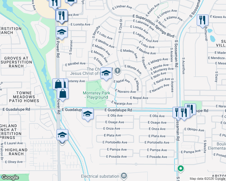 map of restaurants, bars, coffee shops, grocery stores, and more near 2654 South 72nd Circle in Mesa