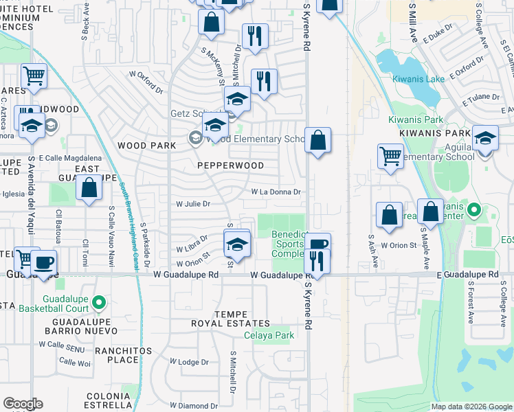 map of restaurants, bars, coffee shops, grocery stores, and more near 588 West Westchester Avenue in Tempe