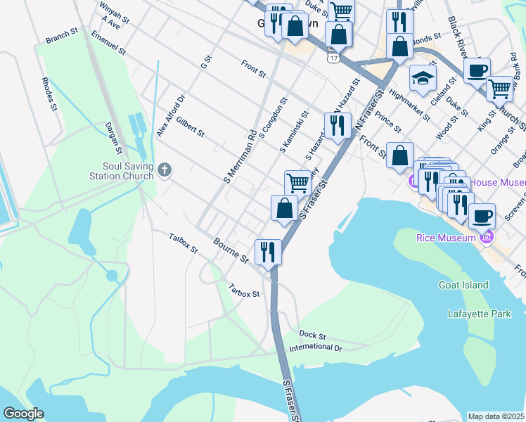 map of restaurants, bars, coffee shops, grocery stores, and more near 1515 Butts Street in Georgetown