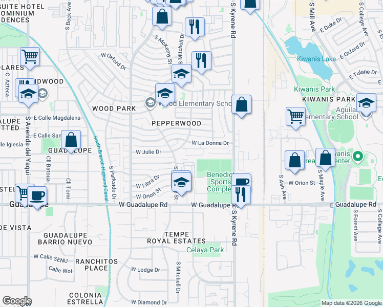 map of restaurants, bars, coffee shops, grocery stores, and more near 588 West Westchester Avenue in Tempe