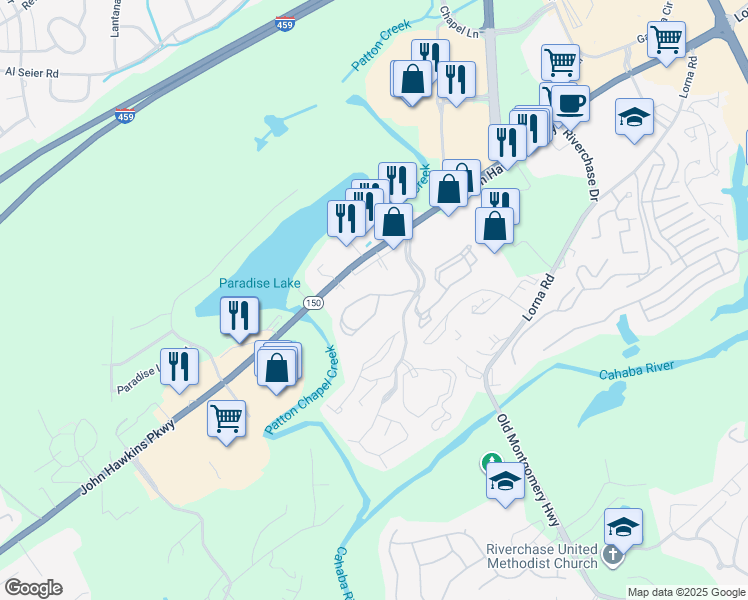 map of restaurants, bars, coffee shops, grocery stores, and more near 3800 Galleria Woods Drive in Hoover