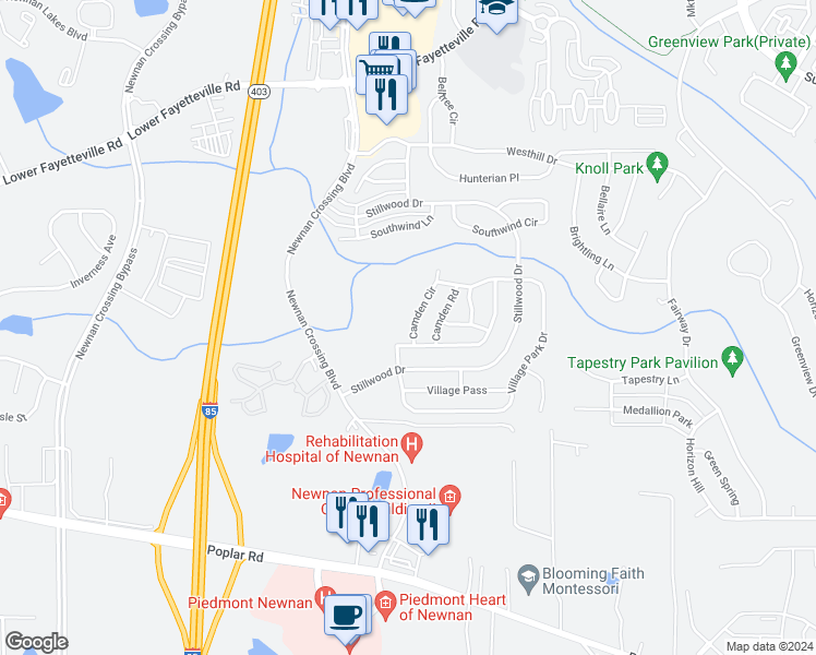 map of restaurants, bars, coffee shops, grocery stores, and more near 10 Camden Circle in Newnan