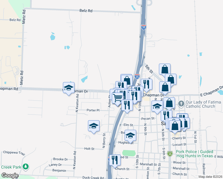 map of restaurants, bars, coffee shops, grocery stores, and more near 1501 West Chapman Drive in Sanger