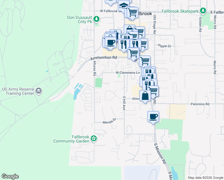 map of restaurants, bars, coffee shops, grocery stores, and more near 1433 South Hill Avenue in Fallbrook