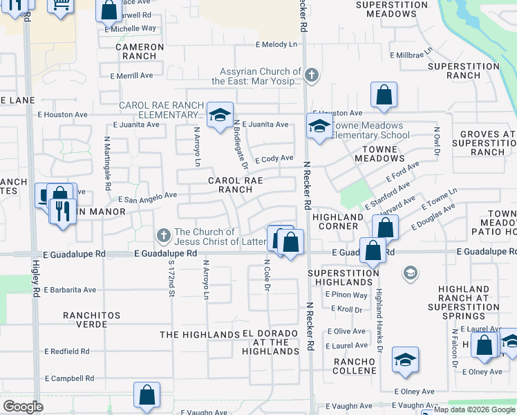 map of restaurants, bars, coffee shops, grocery stores, and more near 3862 East Stanford Avenue in Gilbert