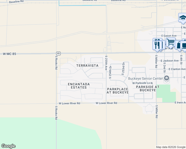 map of restaurants, bars, coffee shops, grocery stores, and more near 25620 West Desert Drive in Buckeye