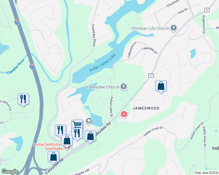 map of restaurants, bars, coffee shops, grocery stores, and more near 1928 Indian Lake Drive in Birmingham