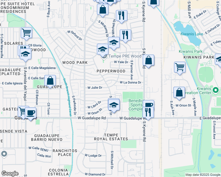 map of restaurants, bars, coffee shops, grocery stores, and more near 6101 West Julie Drive in Tempe