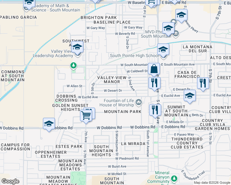 map of restaurants, bars, coffee shops, grocery stores, and more near 247 West Desert Drive in Phoenix