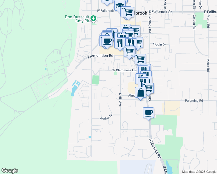 map of restaurants, bars, coffee shops, grocery stores, and more near 445 Poets Square in Fallbrook
