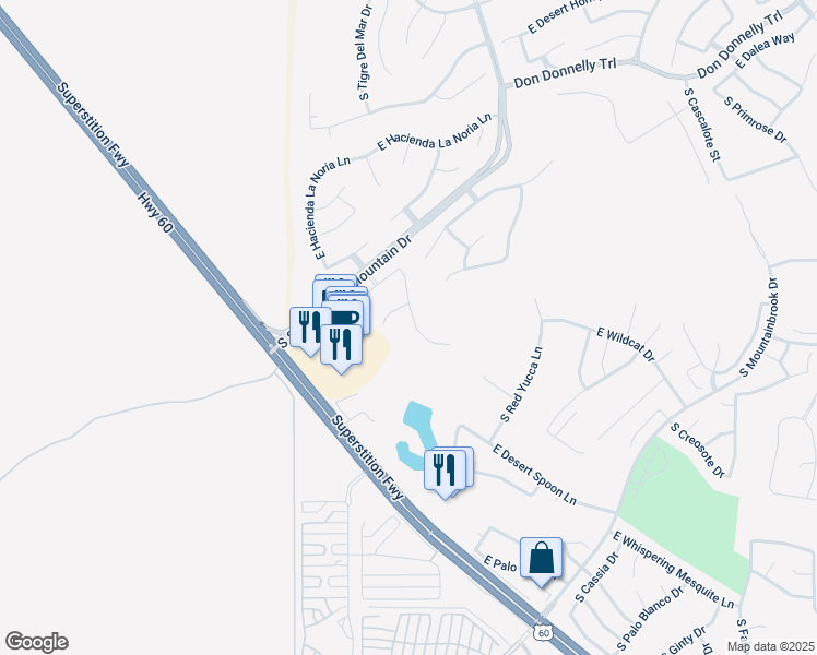 map of restaurants, bars, coffee shops, grocery stores, and more near 5184 South Casa Prieto Drive in Gold Canyon