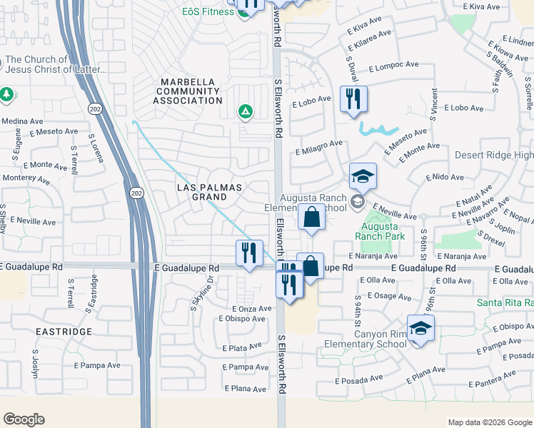 map of restaurants, bars, coffee shops, grocery stores, and more near South Ellsworth Road in Mesa