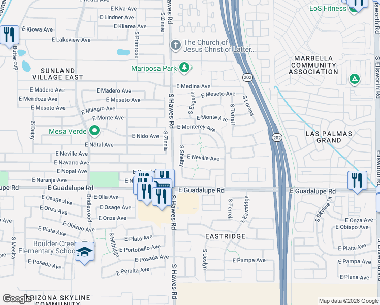 map of restaurants, bars, coffee shops, grocery stores, and more near 2641 South Shelby in Mesa