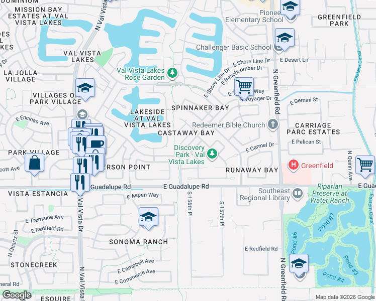 map of restaurants, bars, coffee shops, grocery stores, and more near 2039 East Huron Court in Gilbert