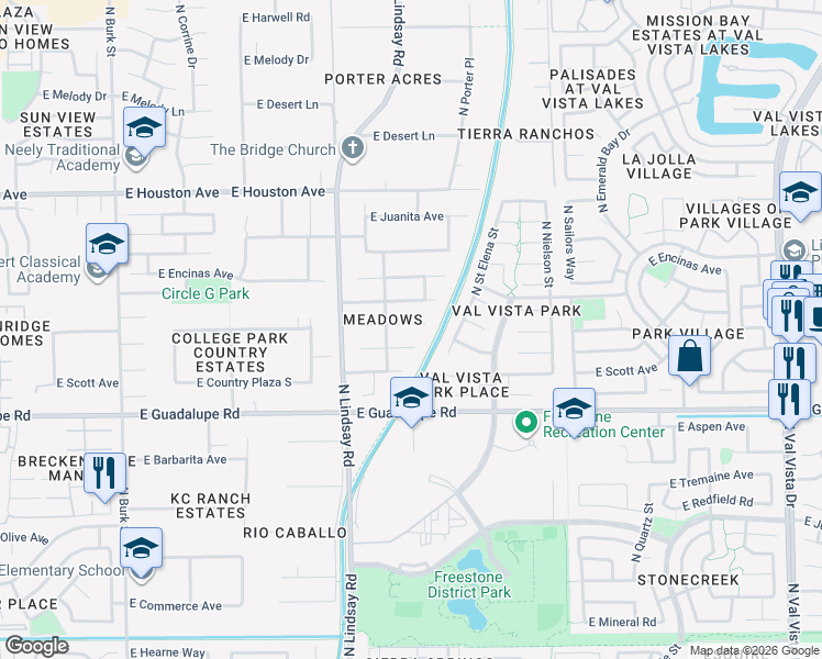 map of restaurants, bars, coffee shops, grocery stores, and more near 908 East Stanford Avenue in Gilbert