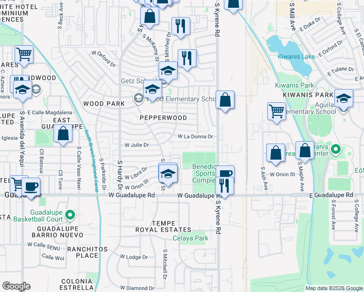 map of restaurants, bars, coffee shops, grocery stores, and more near 588 West Westchester Avenue in Tempe