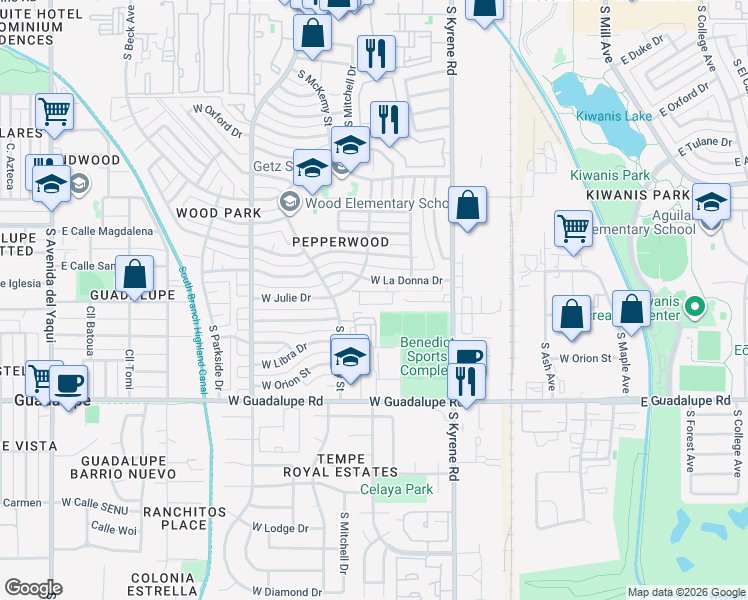 map of restaurants, bars, coffee shops, grocery stores, and more near 588 West Westchester Avenue in Tempe