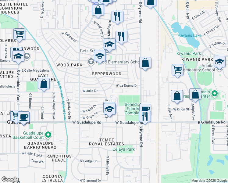 map of restaurants, bars, coffee shops, grocery stores, and more near 588 West Westchester Avenue in Tempe