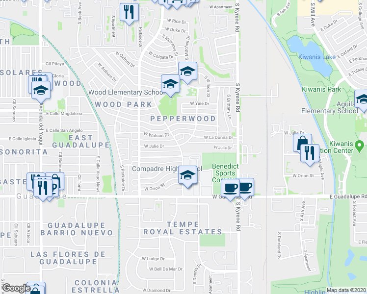 map of restaurants, bars, coffee shops, grocery stores, and more near 6101 West Julie Drive in Tempe