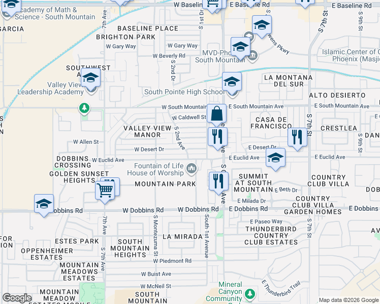 map of restaurants, bars, coffee shops, grocery stores, and more near 117 West Desert Drive in Phoenix