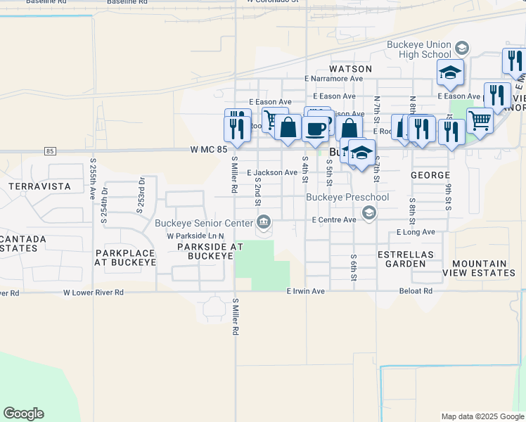 map of restaurants, bars, coffee shops, grocery stores, and more near 208 East Centre Avenue in Buckeye