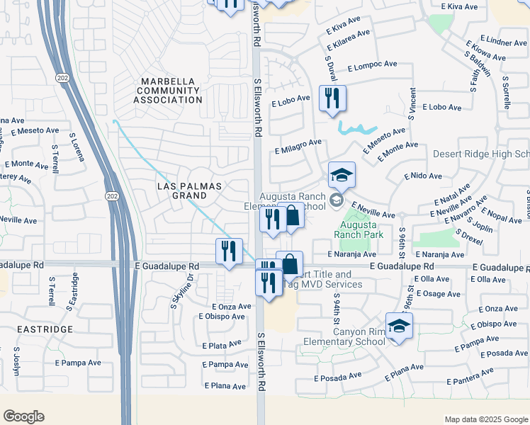 map of restaurants, bars, coffee shops, grocery stores, and more near South Ellsworth Road in Mesa
