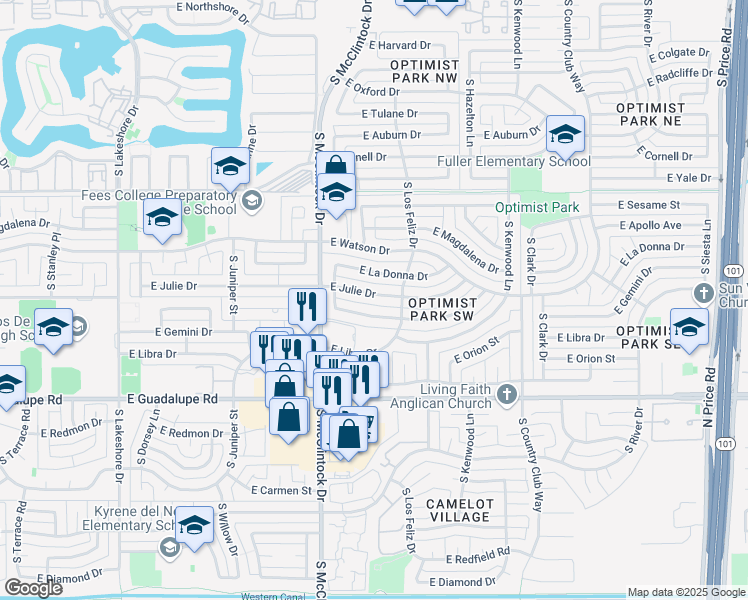 map of restaurants, bars, coffee shops, grocery stores, and more near 1851 East Julie Drive in Tempe