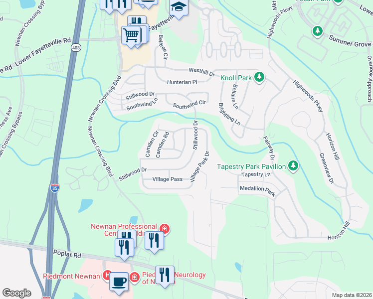map of restaurants, bars, coffee shops, grocery stores, and more near 91 Camden Village Drive in Newnan