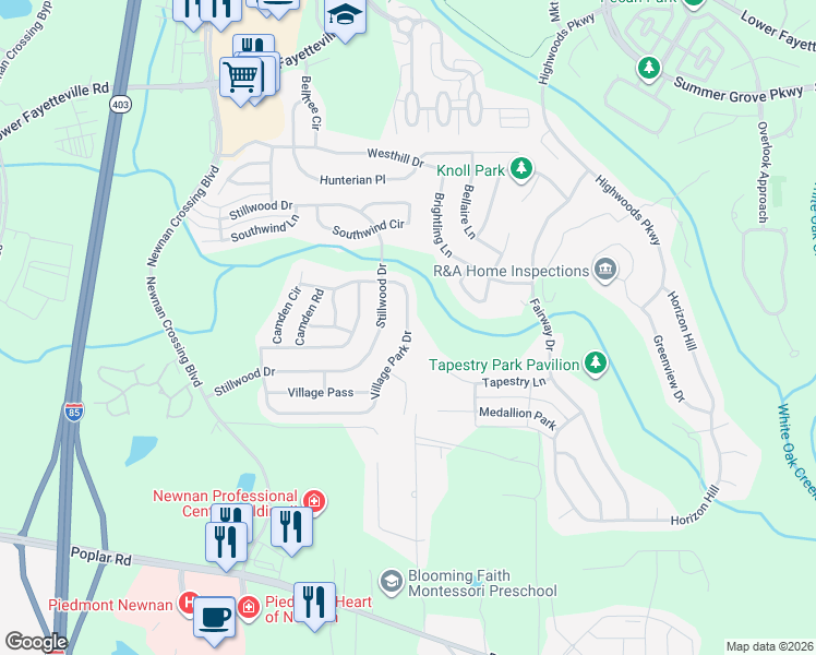 map of restaurants, bars, coffee shops, grocery stores, and more near 179 Village Park Drive in Newnan