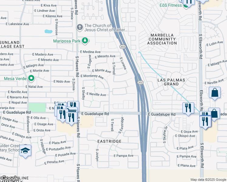 map of restaurants, bars, coffee shops, grocery stores, and more near 2655 South Terrell in Mesa