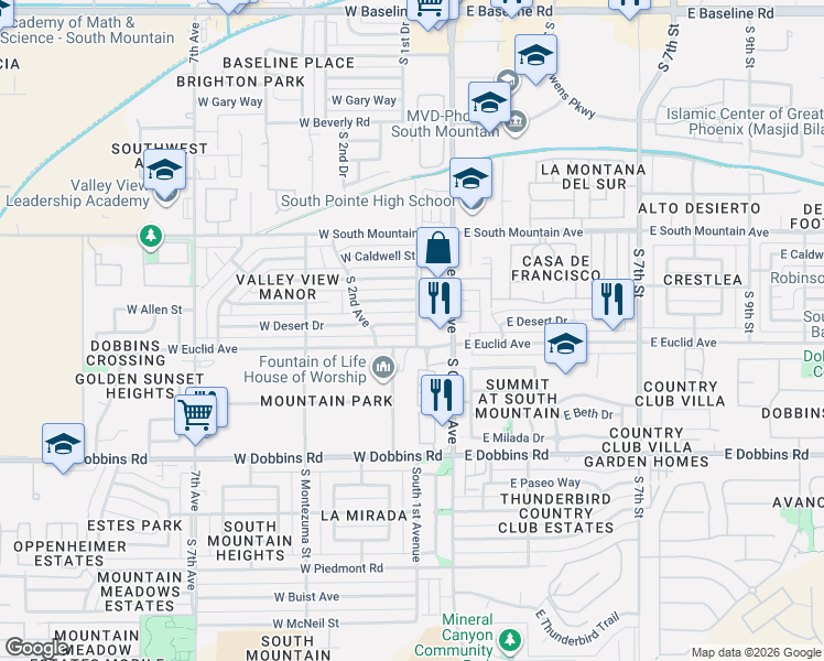 map of restaurants, bars, coffee shops, grocery stores, and more near 117 West Desert Drive in Phoenix