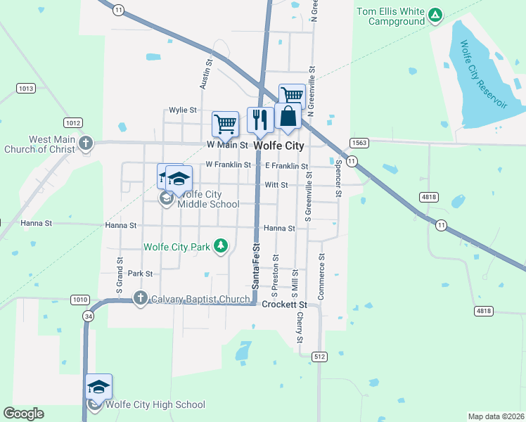 map of restaurants, bars, coffee shops, grocery stores, and more near 426 South Preston Street in Wolfe City