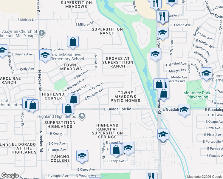 map of restaurants, bars, coffee shops, grocery stores, and more near 4455 East Douglas Avenue in Gilbert