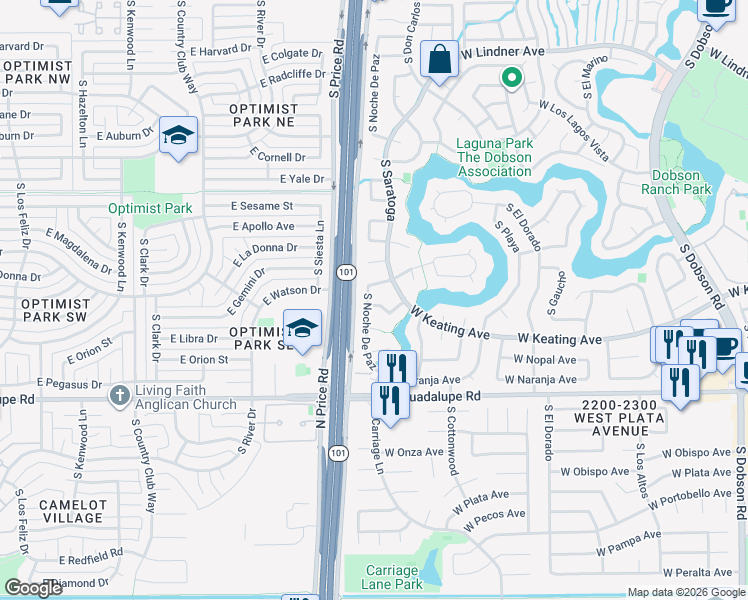map of restaurants, bars, coffee shops, grocery stores, and more near 2730 West Nido Avenue in Mesa