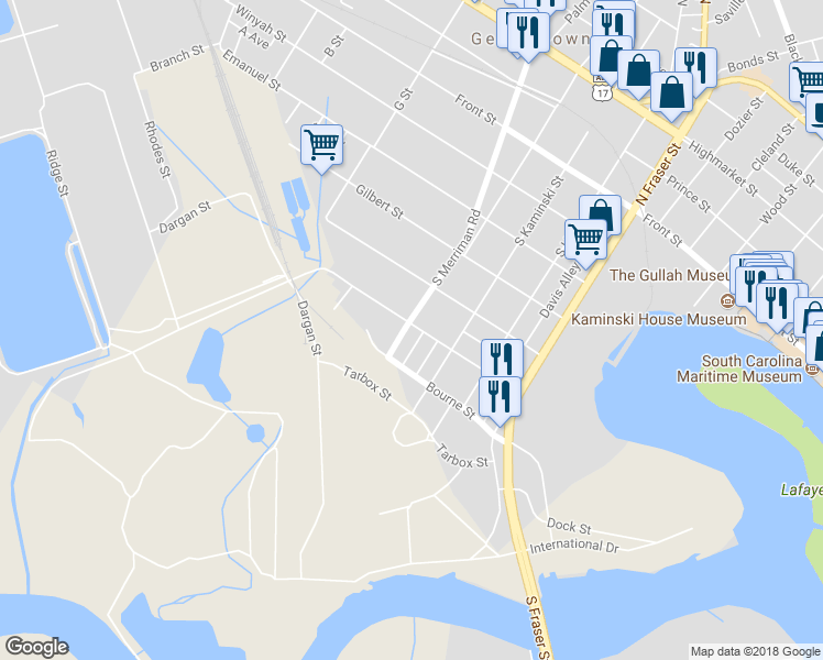 map of restaurants, bars, coffee shops, grocery stores, and more near 601 South Merriman Road in Georgetown