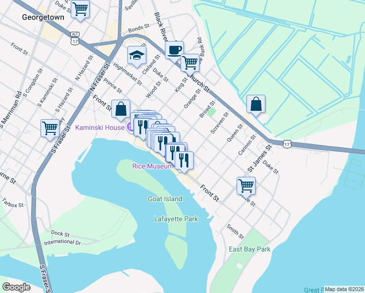 map of restaurants, bars, coffee shops, grocery stores, and more near 731 Prince Street in Georgetown