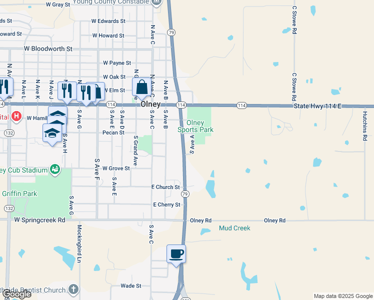 map of restaurants, bars, coffee shops, grocery stores, and more near 315 Texas 79 in Olney